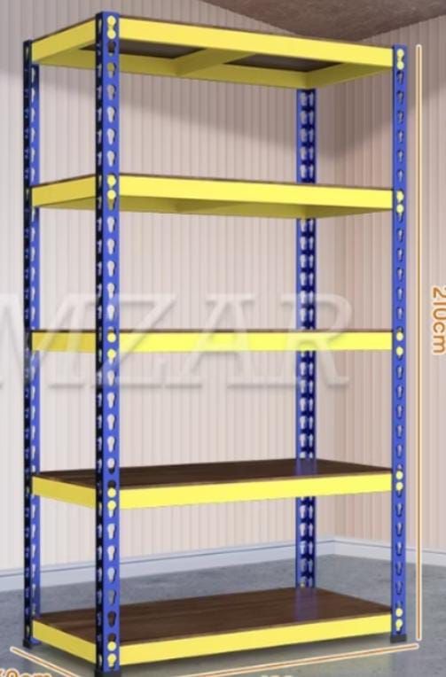 Boltless rack 4 tingkat , warna kuning / biru dan ketebalan papan 9mm - ukuran tinggi 2100 x panjang 1800 x lebar 600 (mm)