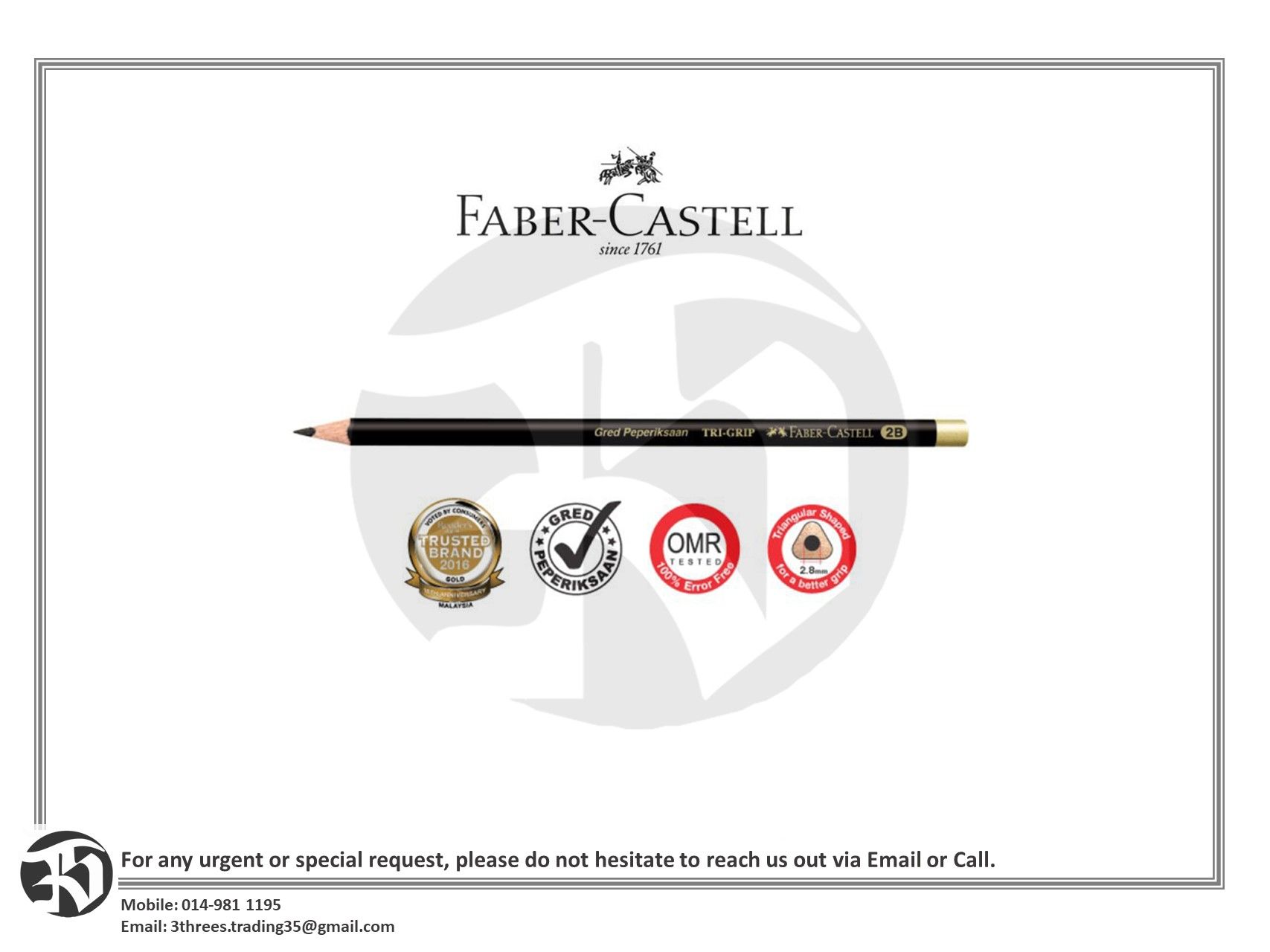 Faber-Castell Tri Grip 2B Pencil, Box of 12pcs