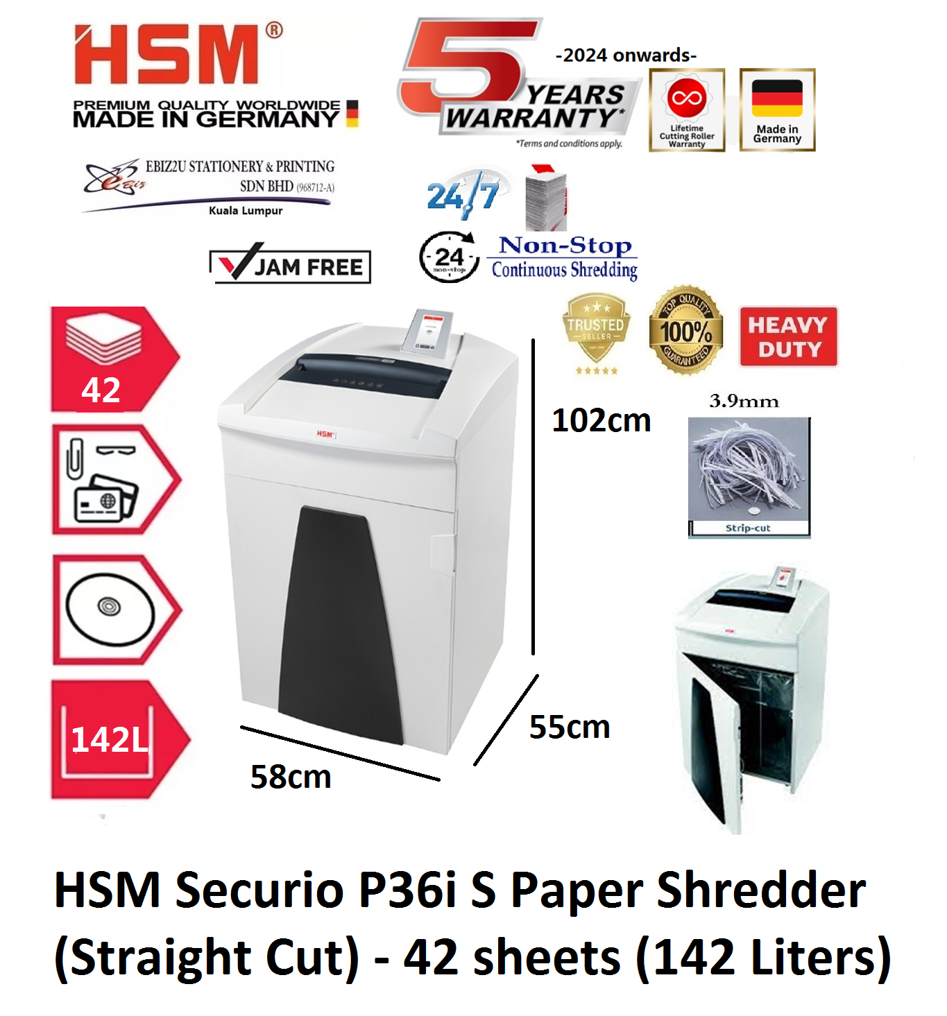 HSM Securio P36i 3.9 A3 Paper Shredder (Straight Cut) - 42 sheets (142 Liters) ( P36, non stop, Strip Cut, Straight Cut, Paper Shredder, Shredder Machine, Office Automation, Office Shredder, Mesin Penghancur Kertas, Heavy Duty Shredder, Heavy Duty)