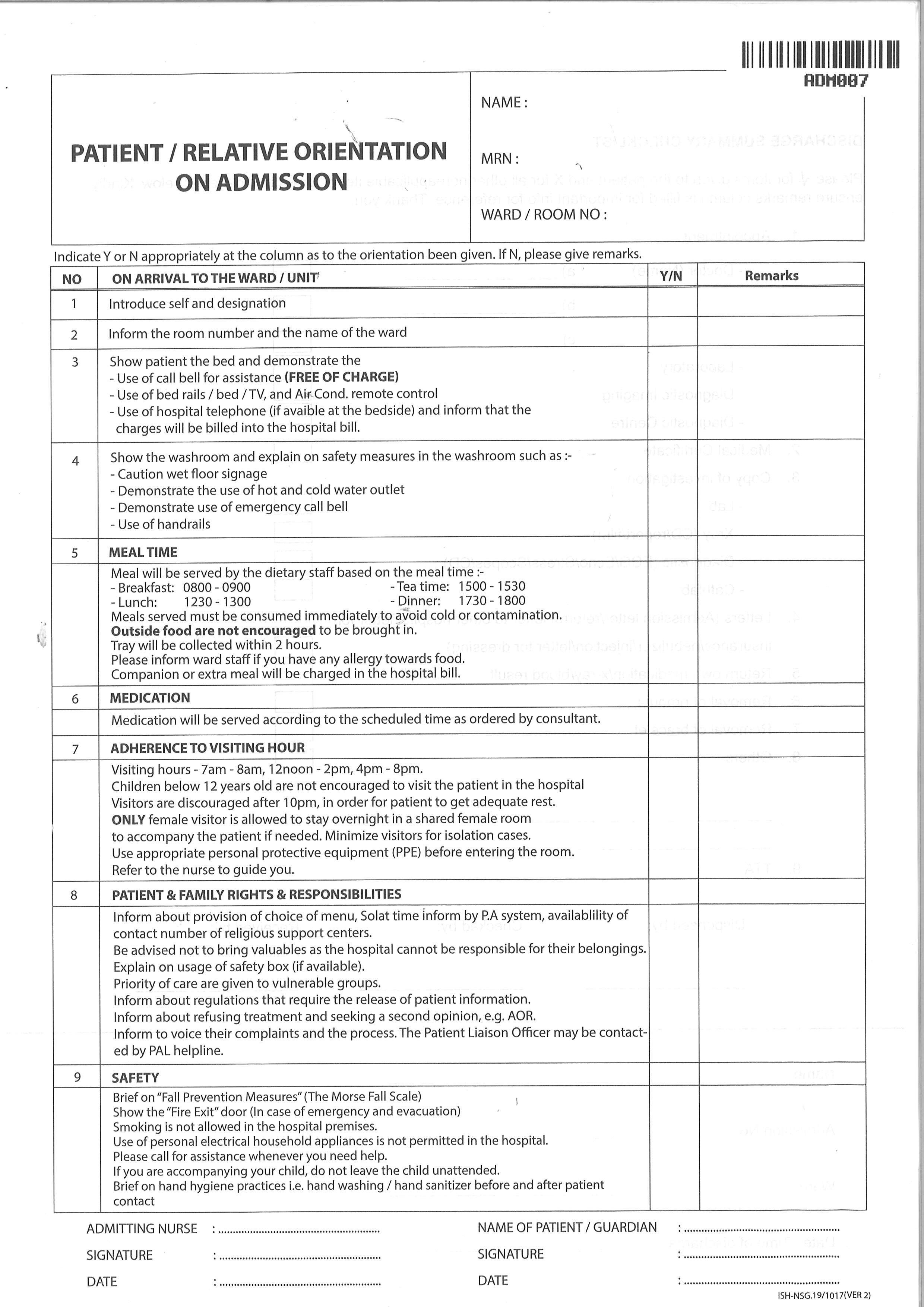 PATIENT / RELATIVE ORIENTATION ON ADMISSION