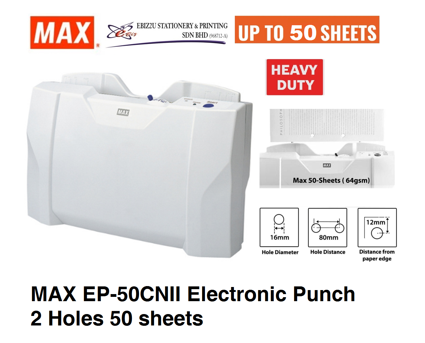 MAX EP-50CNII Electronic Punch 2 Holes 50 sheets (penumbuk, puncher paper, 2 Hole Puncher, heavy duty puncher, electric paper punch, electric puncher)