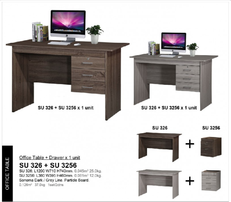 OFFICE TABLE + PEDESTAL SU 326 + 3256 : GREY LINE / SONOMA DARK