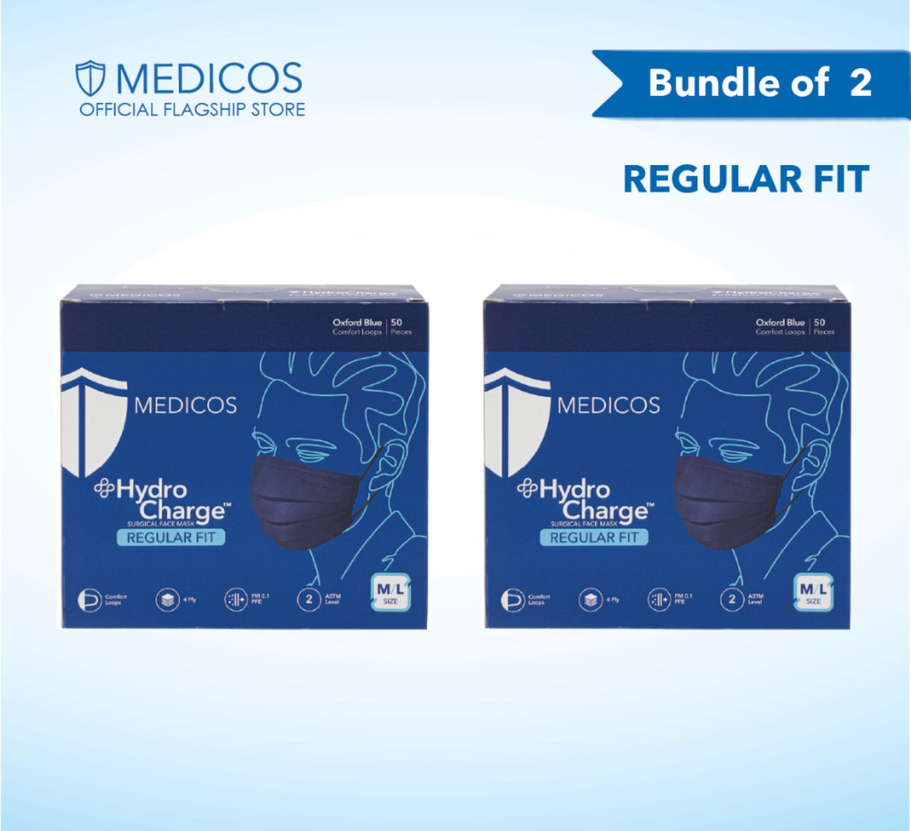 MEDICOS (NEW) Regular Fit 175 HydroCharge 4ply Surgical Face Mask (Assorted Color) - Bundle of 2