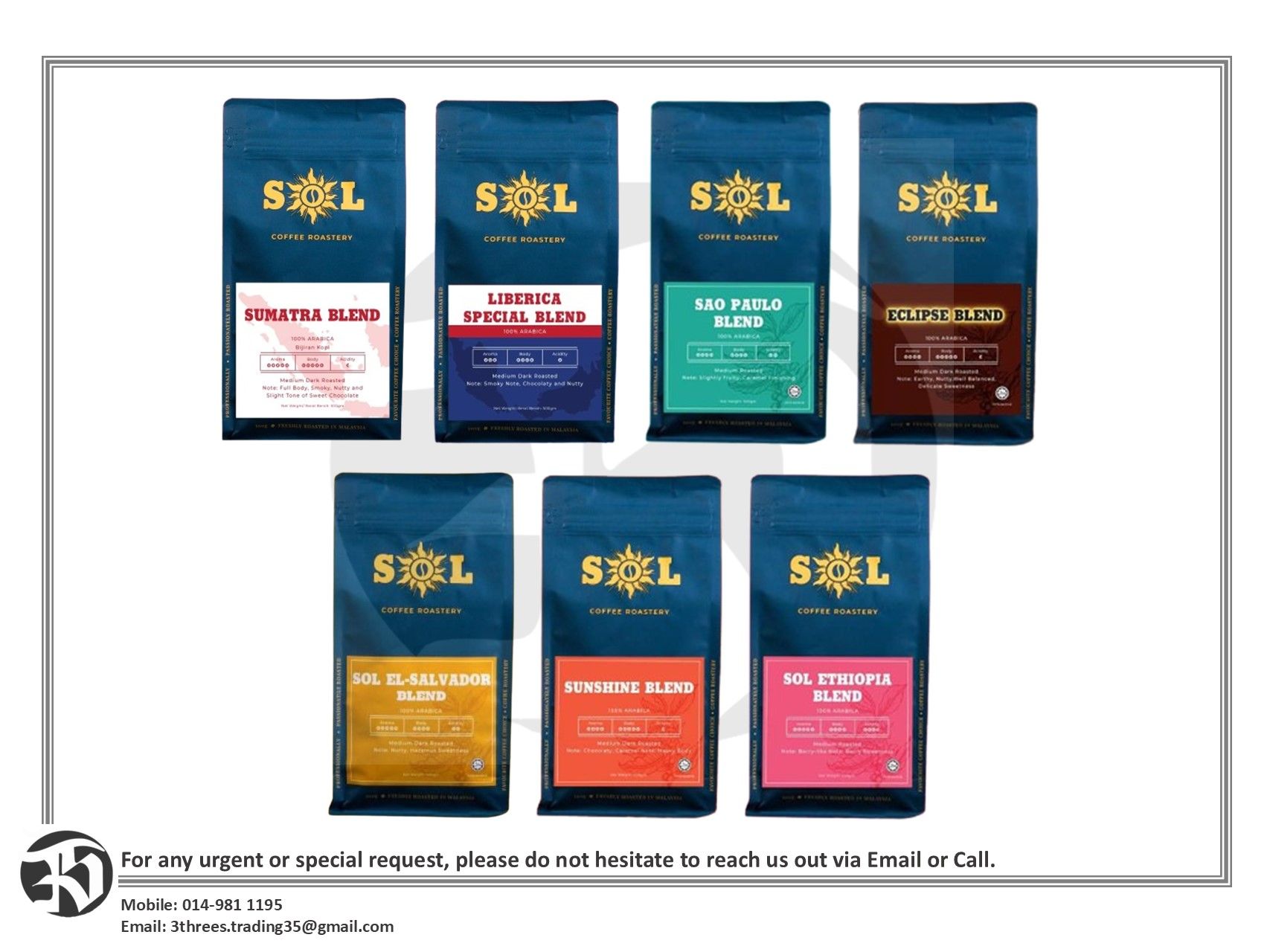 SOL Arabica Coffee Beans 250g/500g (Whole Bean)