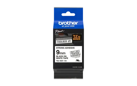 Brother TZe-S221 Black on White (9mm) Strong Adhesive Tapes