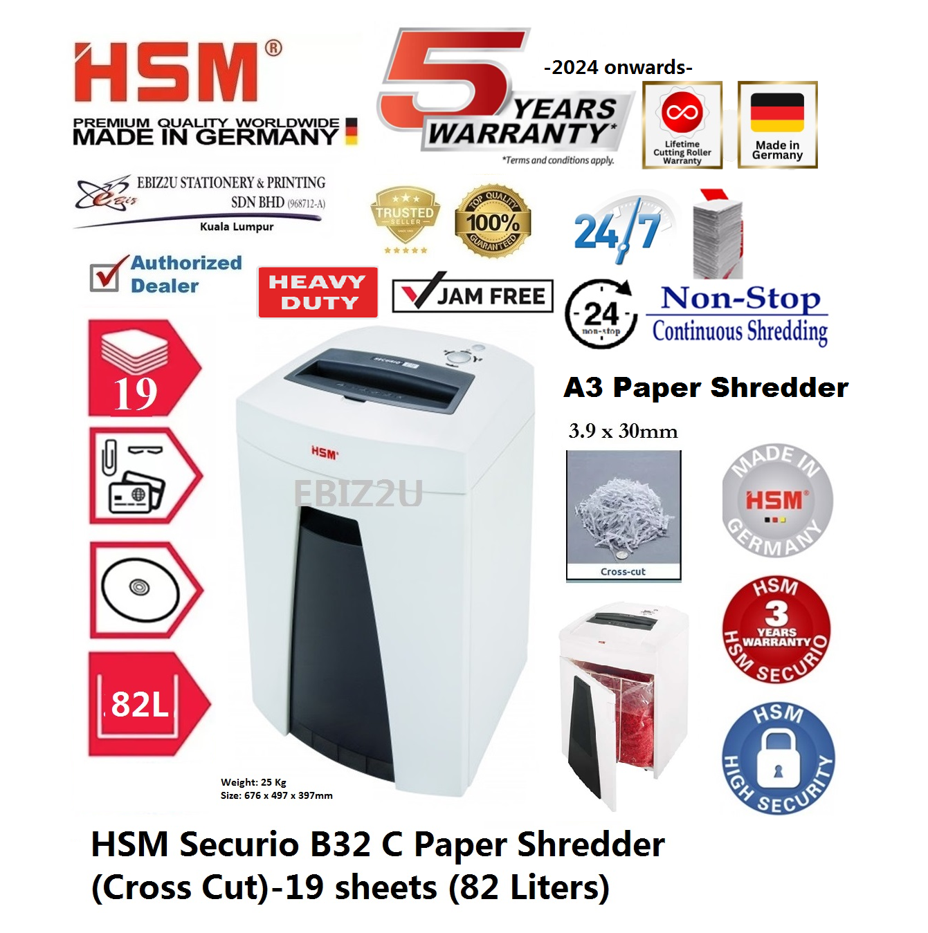 HSM Securio B32 C Paper Shredder (Cross Cut)-19 sheets (82 Liters) ( B32C, Cross Cut, Paper Shredder, Shredder Machine, Office Shredder, Heavy Duty Shredder, Mesin Penghancur Kertas)