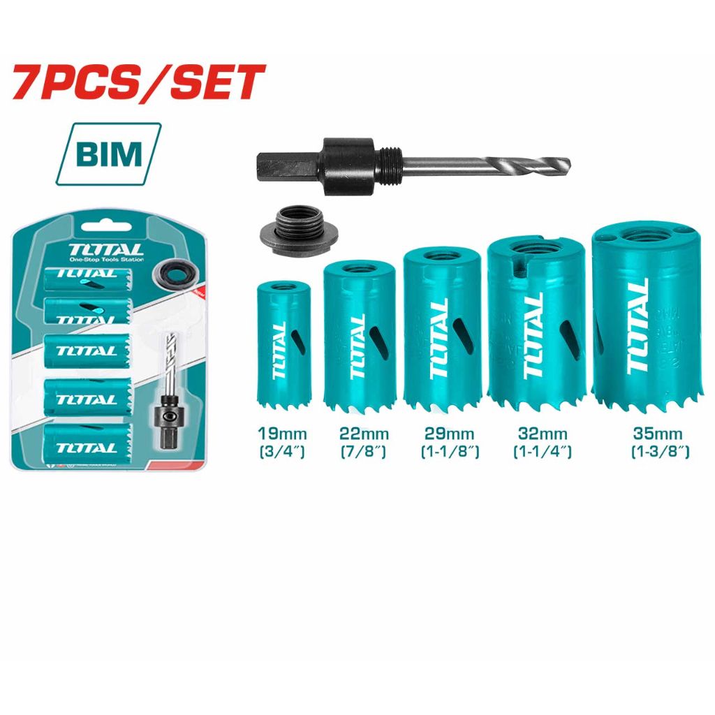 TOTAL HOLE SAW SET WITH ADAPTOR + ARBOR SUITABLE FOR WOOD & PVC (19MM X 3/4"/35MM X 1-3/8"/7 PCS) TACSH1071