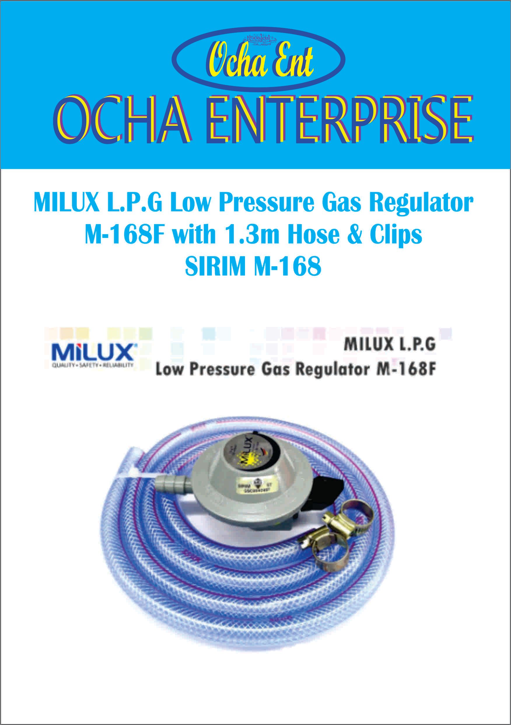MILUX L.P.G Low Pressure Gas Regulator M-168F with 1.3m Hose & Clips SIRIM M-168