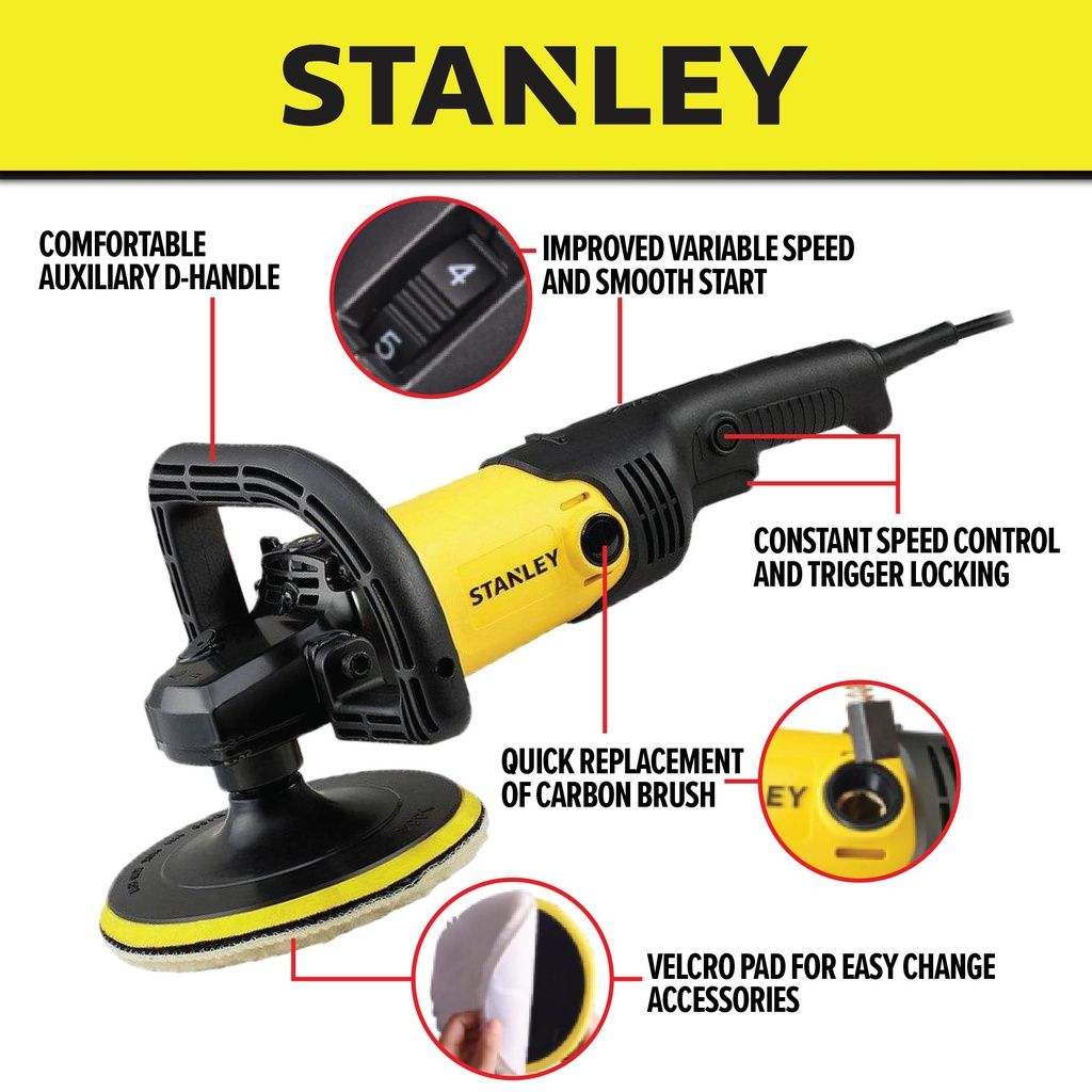 STANLEY SP137 CORDED CAR POLISHER 7" (180MM 1300W) 500-3600RPM 3.2KG
