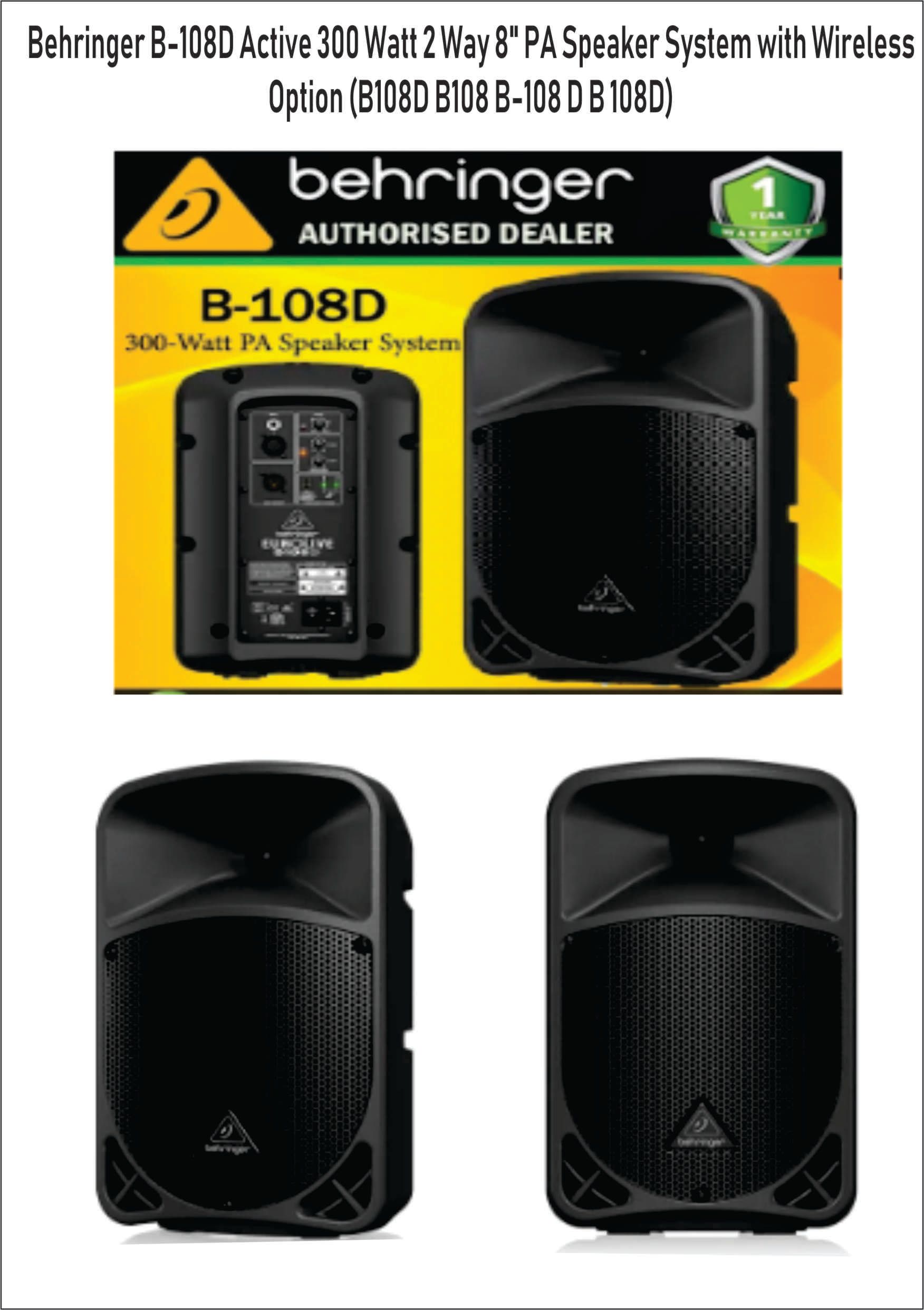 Behringer B-108D Active 300 Watt 2 Way 8" PA Speaker System with Wireless Option (B108D B108 B-108 D B 108D)