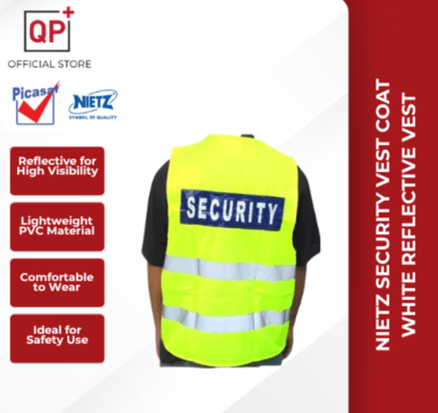 NIETZ SECURITY VEST COAT PVC WHITE REFLECTIVE VEST COAT SAFETY VEST GUARD SECURITY (VELCRO TYPE)-