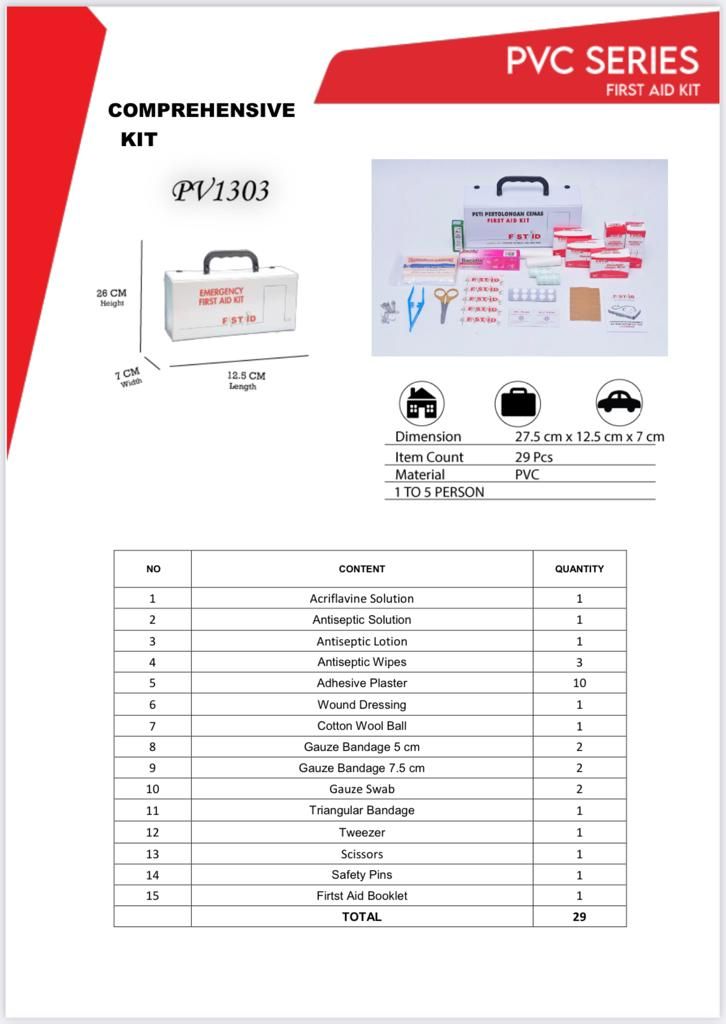 First Aid Kit PV-1303 Complete Set (25.3cm X 11.6cm X 7.9cm)