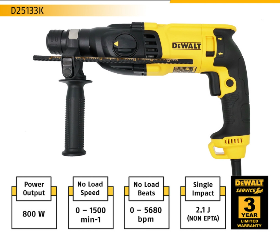 DEWALT D25133K-XD 26MM 800W 3 MODE SDS-PLUS ROTARY HAMMER DRILL ( D25133K, D25133 )