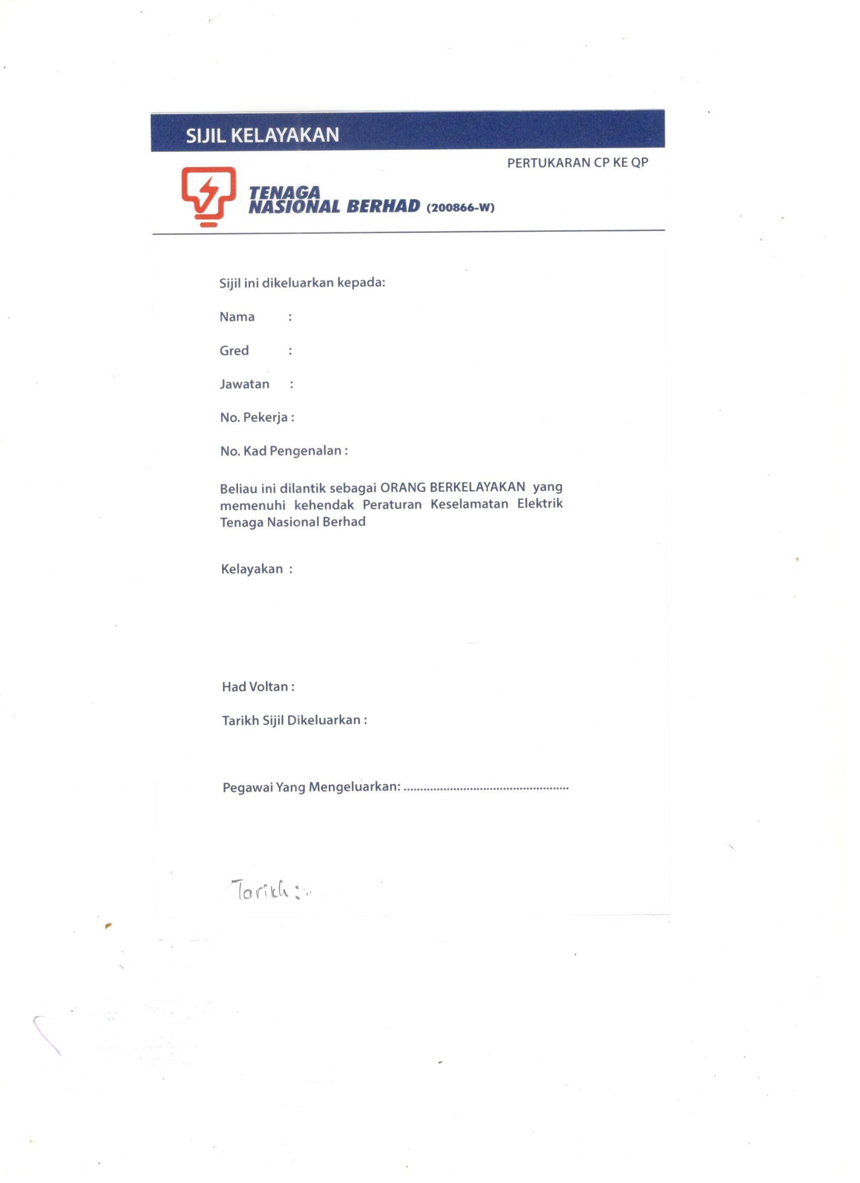 Sijil Kelayakan TNB (With Printing)