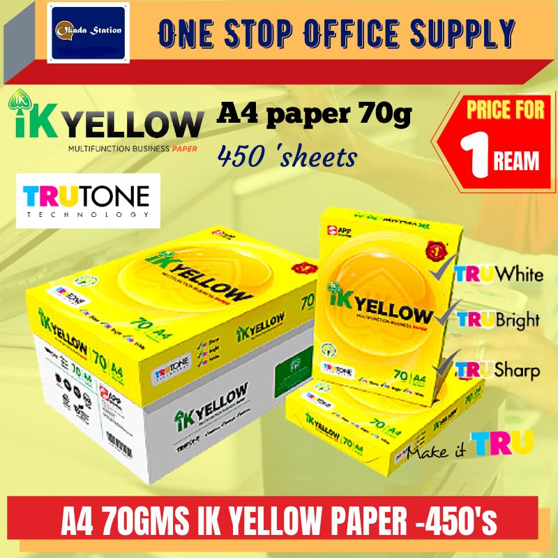 A4 70GMS IK YELLOW PAPER- 450 SHEET / A4 PAPER / IK YELLOW / INDAH KIAT / A4 PAPER / WHITE PAPER / PHOTOSTAT PAPER