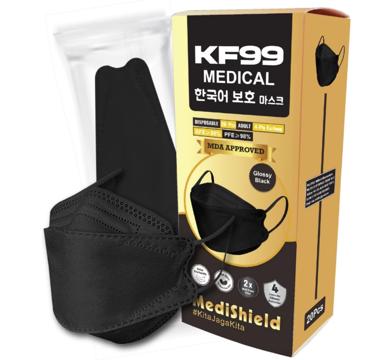 Medishield KF94 Earloop 4ply Face Mask - Black (20Pcs)
