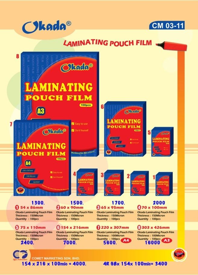 Okada LAMINATING FILM / LAMINATING PLASTIC / 60MM X 90MM / 150 MICRON / PLASTIK LAMINATE