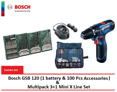 Combo Set: Bosch GSB 120 (1 Batt & 100 Accessories) & Multipack 3+1 Mini X Line
