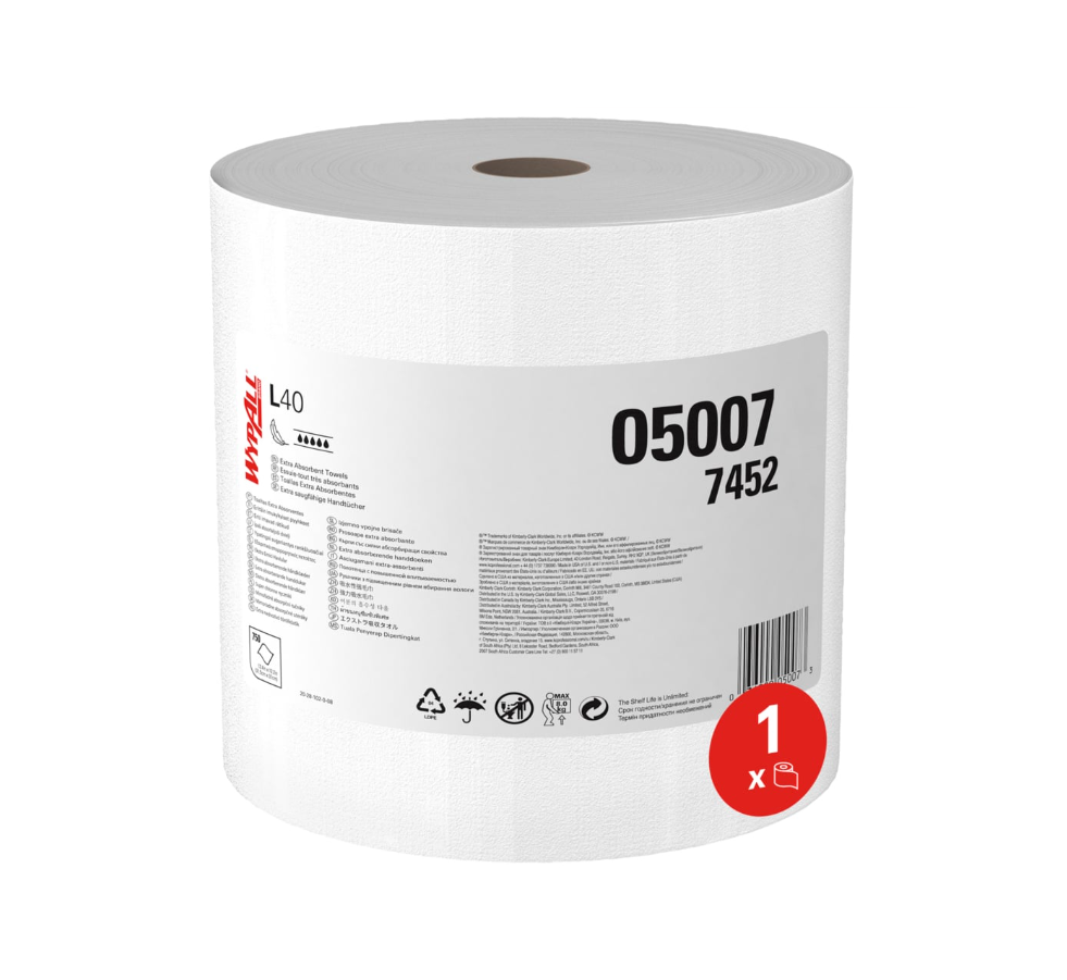 WypAll L40 Power Clean Large Roll Wipers 7452 - 1 Wiper Roll x 750 White Cleaning Wipes