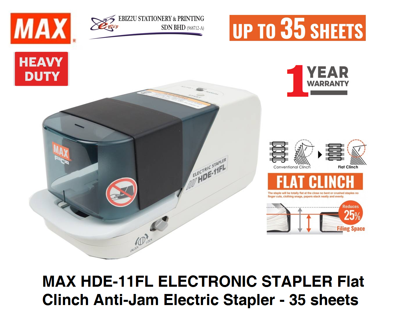 MAX HDE-11FL ELECTRONIC STAPLER Flat Clinch Anti-Jam Electric Stapler and Stapler Cartridge, 35 Sheet Cap Heavy Duty Stapler, Heavy Duty Staplers, Electric Stapler