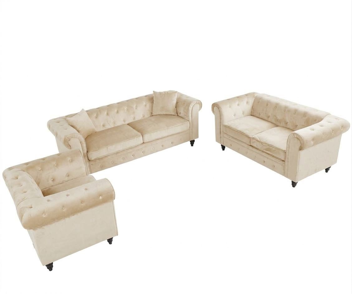 QP Set Sofa Chesterfield Velvet 1+2+3 Seater L/Krim