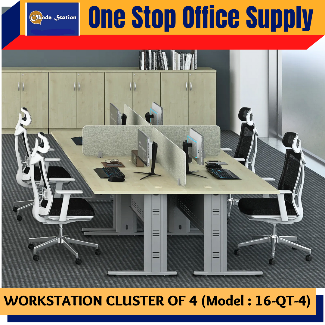 OKADA 16-QT-4 WORKSTATION SET - ALL PACKAGE / CLUSTER OF 4 / TB 188 TABLE / TABLE TOP PANEL / OFFICE TABLE / OFFICE WORKSTATION / TABLE WITH PEDESTAL / 16-QT-4