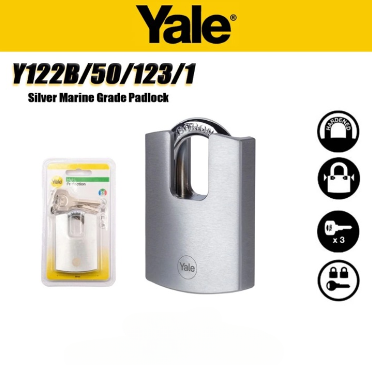 YALE 50MM BRASS CLOSED SHACKLE BORON PADLOCK ANTI CUT (Y122B/50/123/1)