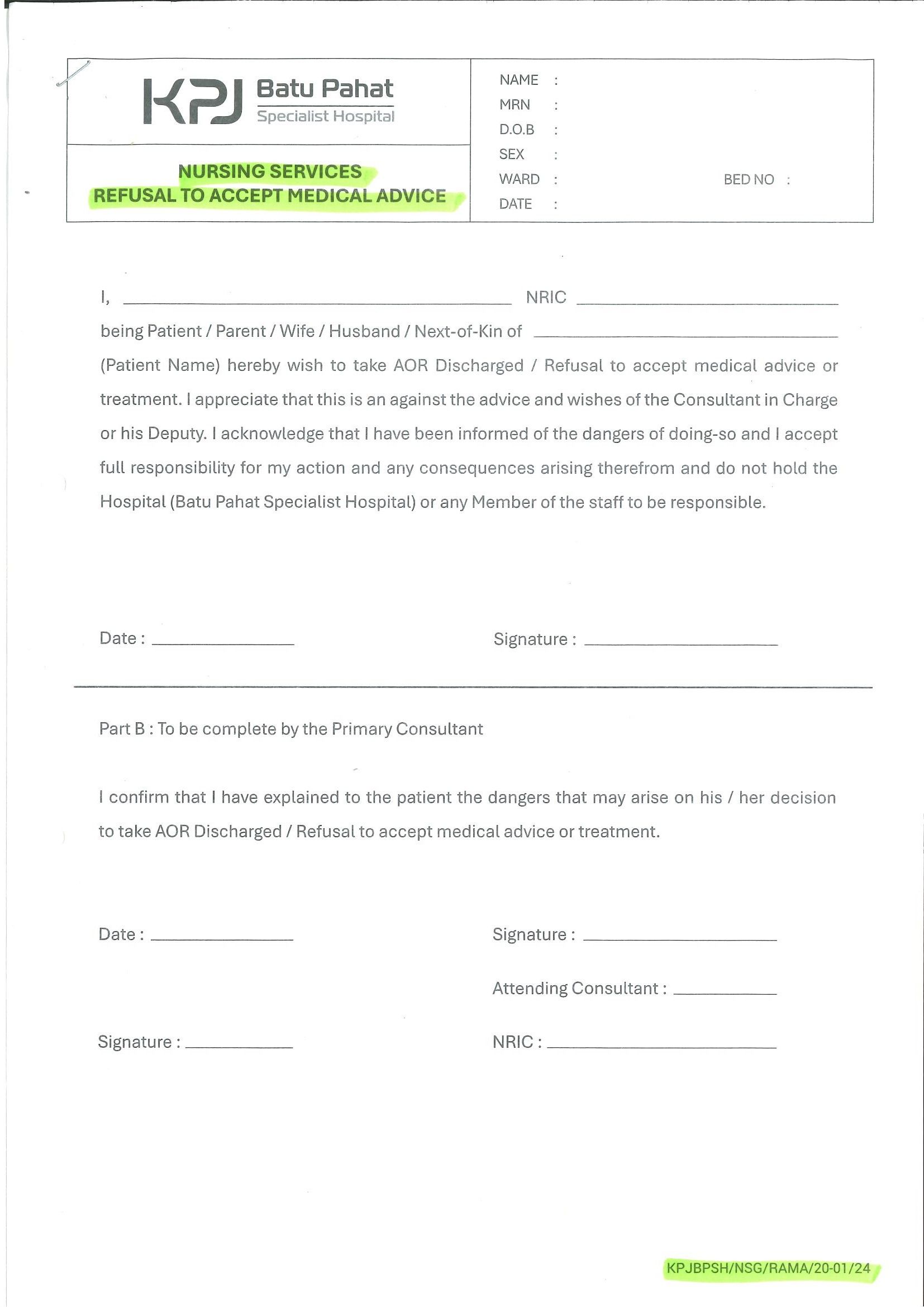 Nursing Services Refusal To Accept Medical Advice