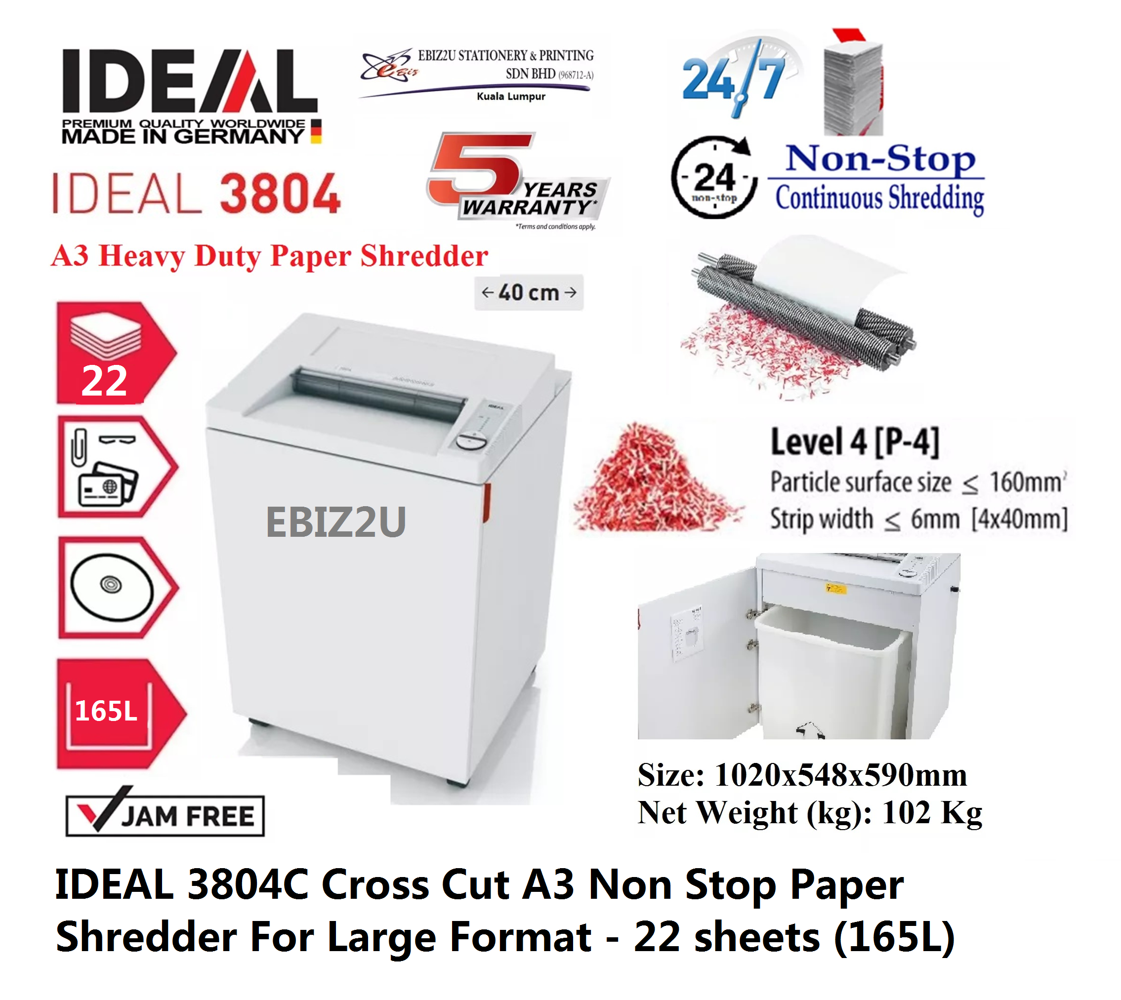 IDEAL 3804 C Cross Cut Paper Shredder For Large Format - 22 sheets (165L) Paper Shredder,Shredder Machine, Stationery,Office Automation,Straight Cut, Cross Cut, Micro Cut, Office Shredder,Mesin Penghancur Kertas