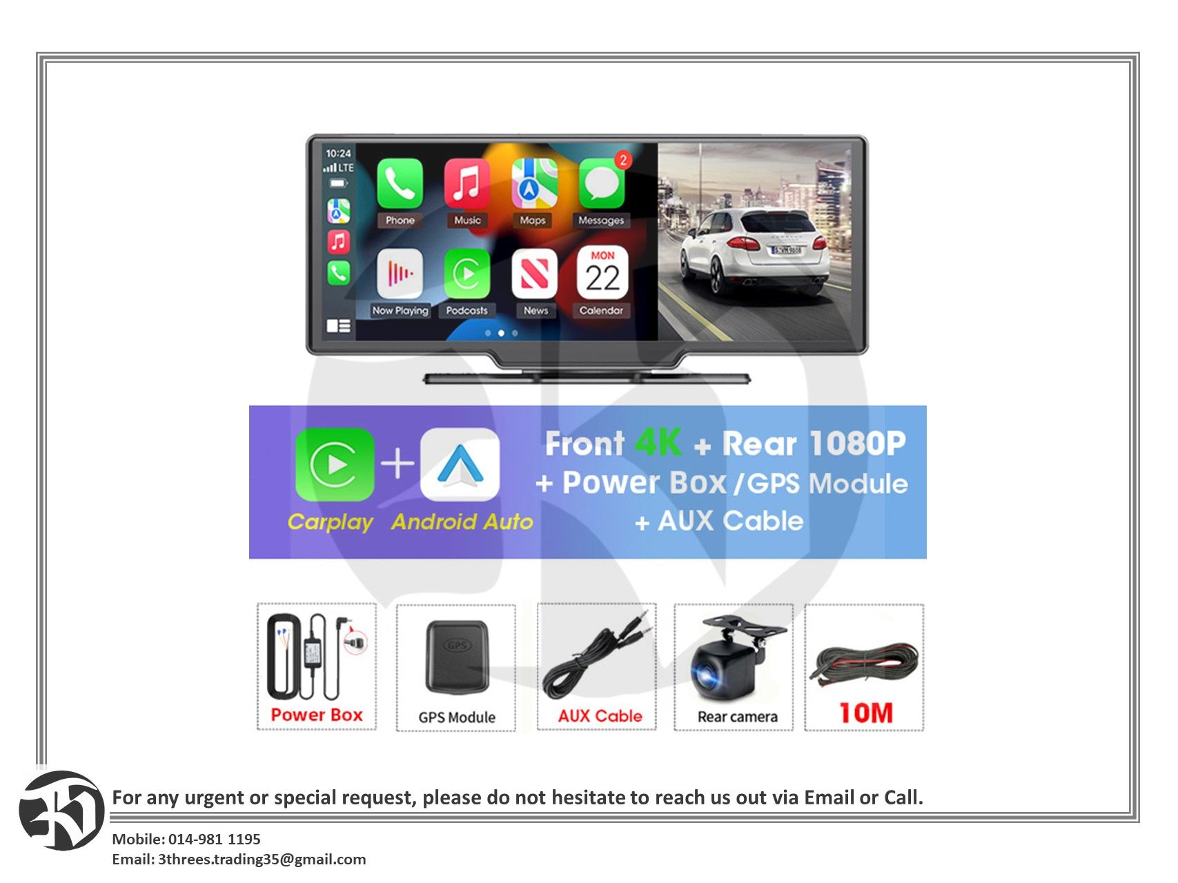 Portable 10.26 Inch 4K Dashcam CarPlay (Suitable for Car/Truck/Bus)