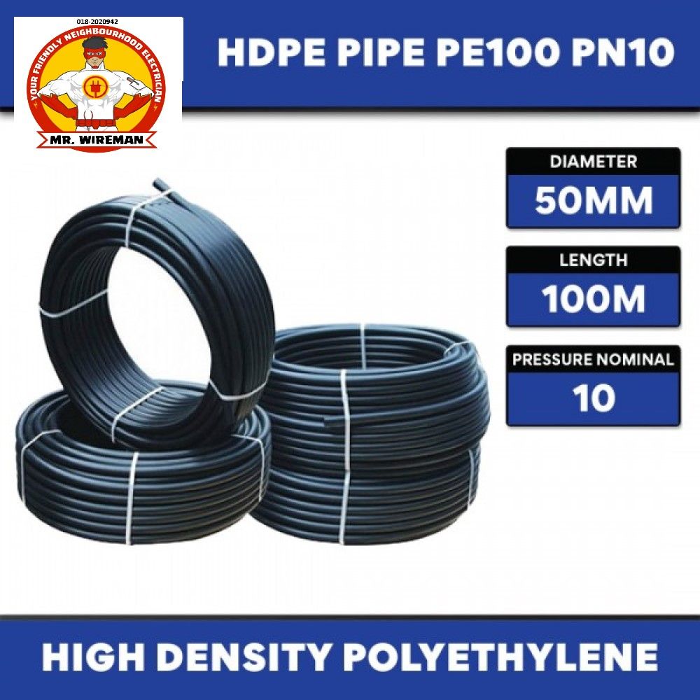 High Density Polyethylene HDPE Pipe 50MM (OD) x 100M (L) PN10 PE100 ~45.5KG (NONE-SIRIM)