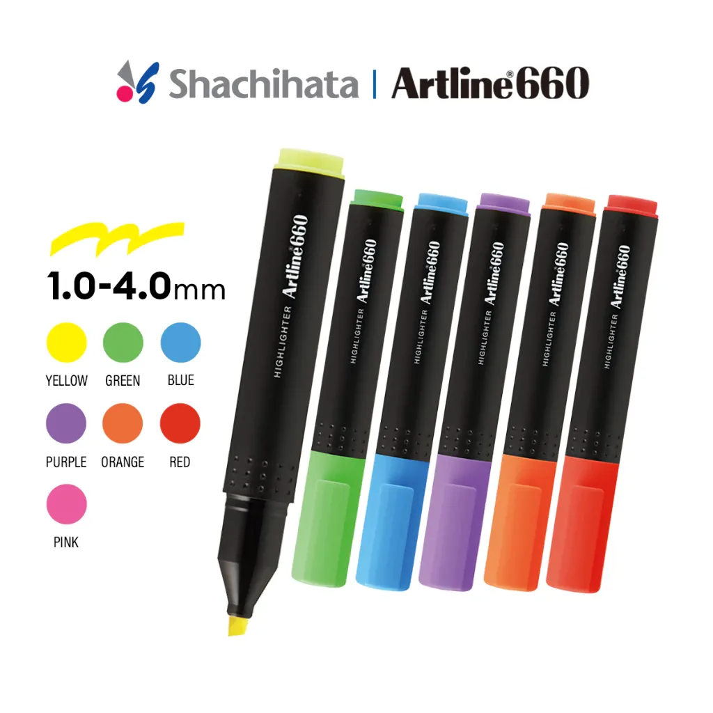 Artline 660 Highlighter Box Set (12pcs) - 1.0mm - 4.0mm | 13 Colours | Chisel Highlight Pen  Fluoro Yellow