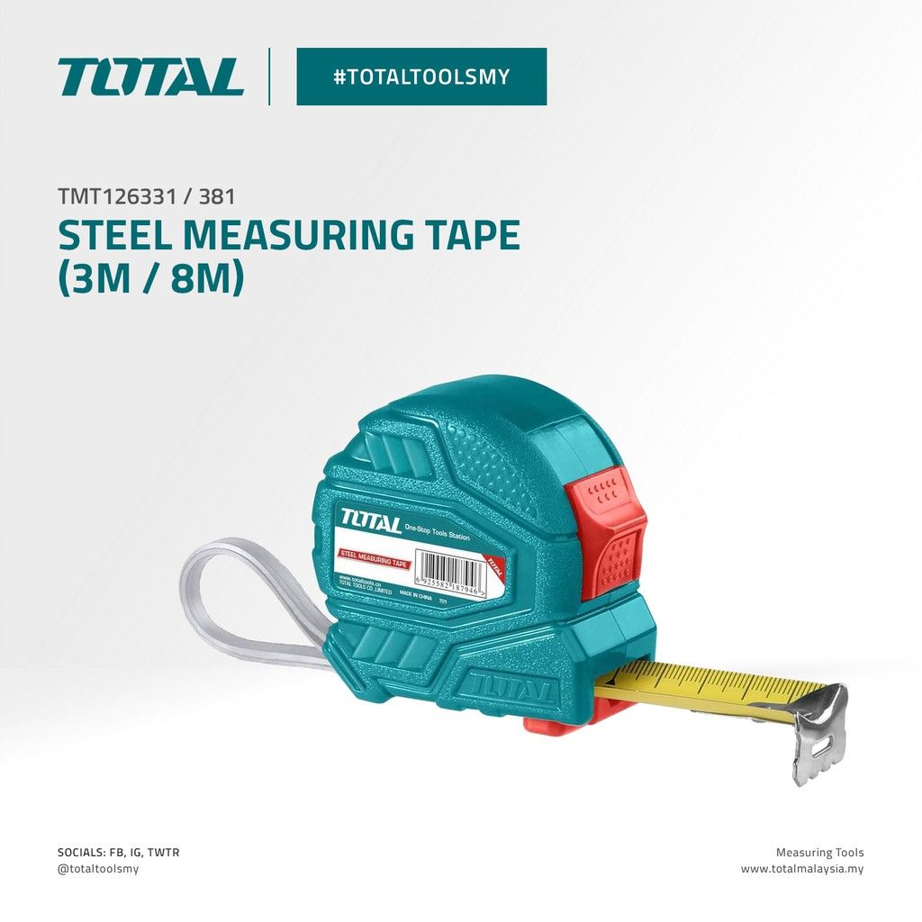 TOTAL STEEL MEASURING TAPE READABLE IN METRIC CM & M + IMPERIAL INCHES & FEET UNITS (3M/8M) TMT126331/TMT126381