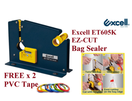 Excell EZ-Cut Bag Sealers With Trimmer Tape Dispenser ET-605k *FREE 2 rolls PVC Bakery Tape Top Quality