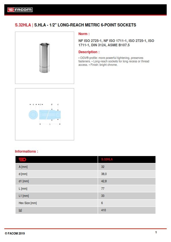 Facom 32mm Socket With 1/2 in Drive , Length 77 mm