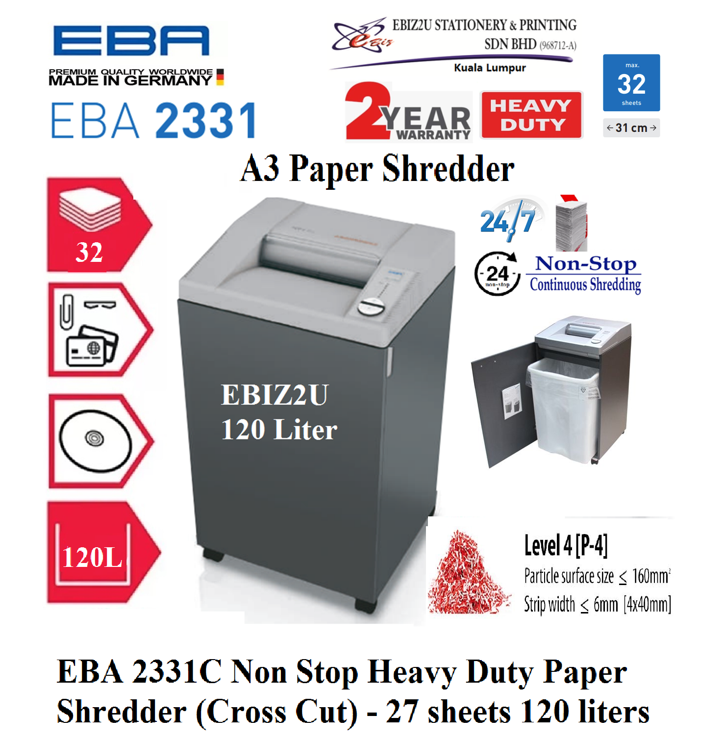EBA 2331 C Non Stop Heavy Duty Paper Shredder (Cross Cut) - 27 sheets 120 liters 2331C (Cross Cut, Paper Shredder, Shredder Machine, Office Shredder, Heavy Duty Shredder, Mesin Penghancur Kertas)