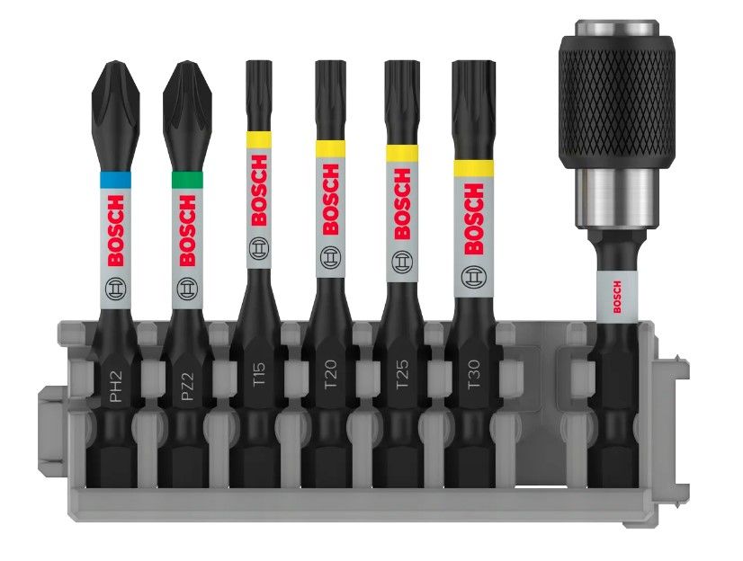 BOSCH PRO IMPACT SET WITH QUICK CHANGE BIT HOLDER AND PICK AND CLICK INDEX, PH2, PZ2, T15, T20, T25, T30, QC BH, 50 MM, 8 PCS (2608522327)