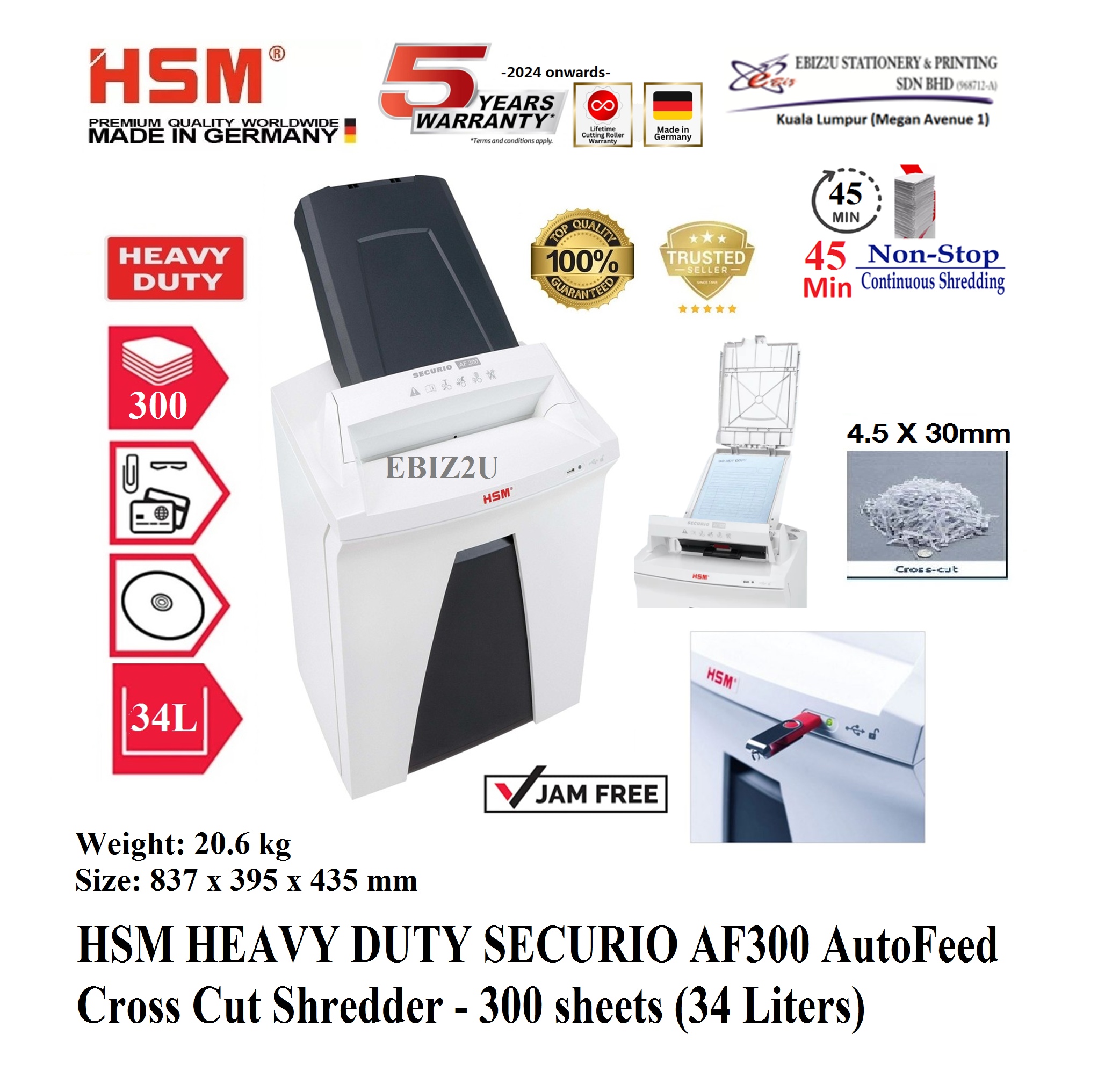 HSM HEAVY DUTY SECURIO AF300 C 4.5 x 30mm Auto Feed Cross Cut Shredder - 300 sheets (34 Liters) (Cross Cut, Paper Shredder, Shredder Machine, Office Shredder, Heavy Duty Shredder, Mesin Penghancur Kertas)