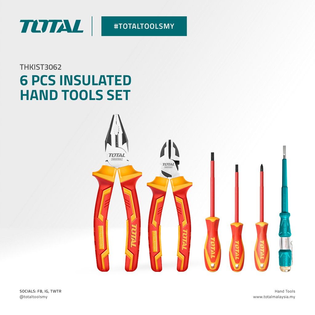 TOTAL INSULATED HAND TOOLS SET PLIERS + FLAT & PHILLIPS SCREWDRIVER + TEST PEN (6 PCS) THKIST3062 (VDE Approved Certifications)