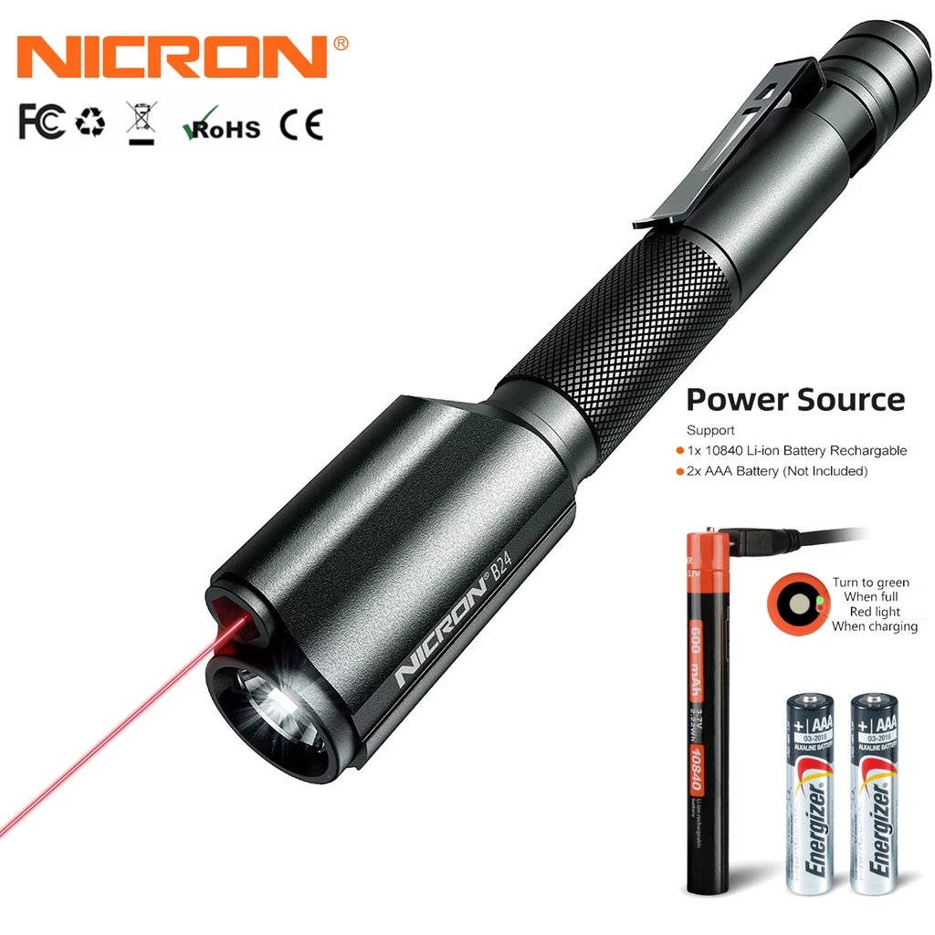 NICRON LED Flashlight B24 Mini Torchlight Laser light For Guide Use Waterproof IP65