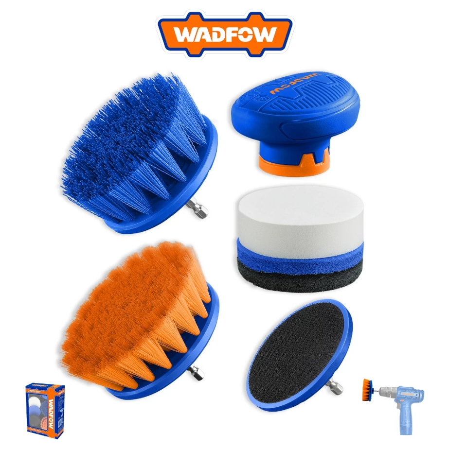 WADFOW 7 PCS CLEANING BRUSH SET (1/4" SHANK) INCL. SCRUB HANDLE + 2 PC BRUSH + 3 PC SCUBBER + BACKER PAD (WND5402)