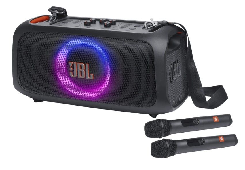 JBL PartyBox On-The-Go Essential Portable Party Speaker with Built-In Lights and 2x Wireless Microphone