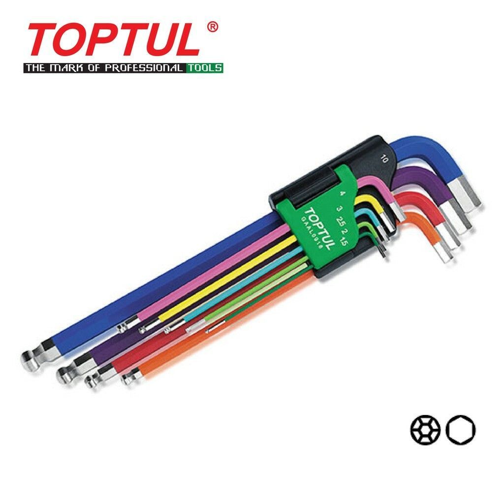 TOPTUL 9 PCS COLOR-RING EXTRA LONG TYPE BALL POINT HEX KEY WRENCH SET GAAL0918