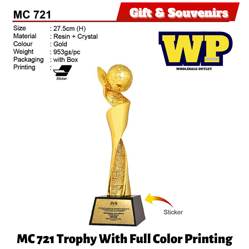 OKADA GIFT & SOUVENIRS : MC 721 TROPHY WITH FULL COLOR PRINTING / CRYSTAL AWARD / AWARD TROPHY / TROFI / 27.5CM(H) / 1PC