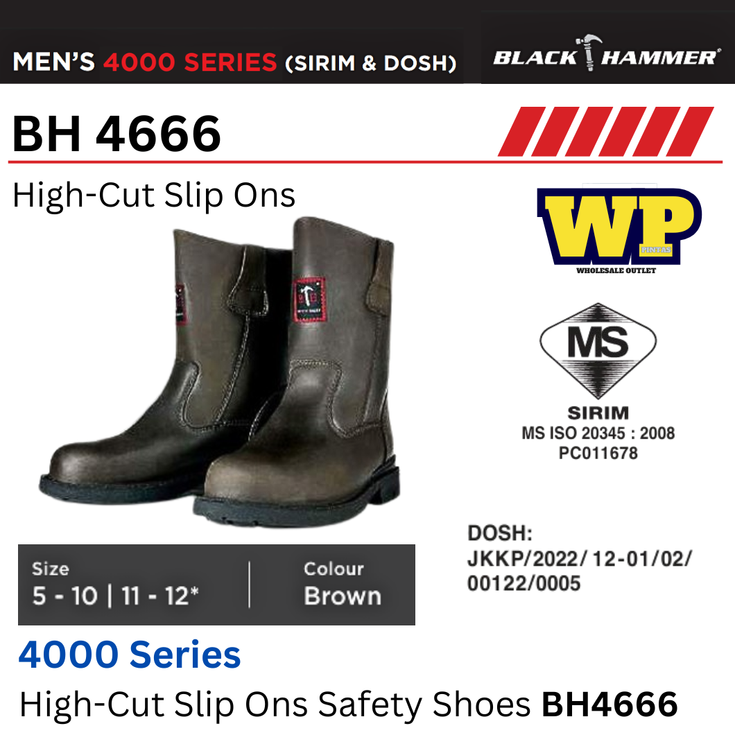 Black Hammer 4000 Series High-Cut Slip Ons Safety Shoes (SIRIM & DOSH) - BH4666 / Black Hammer / Black Safe / High-Cut Slip Ons / Safety Shoes / Safety Boots / Foot Protect / Kasut Kilang / Kasut Keselamatan / BH4666