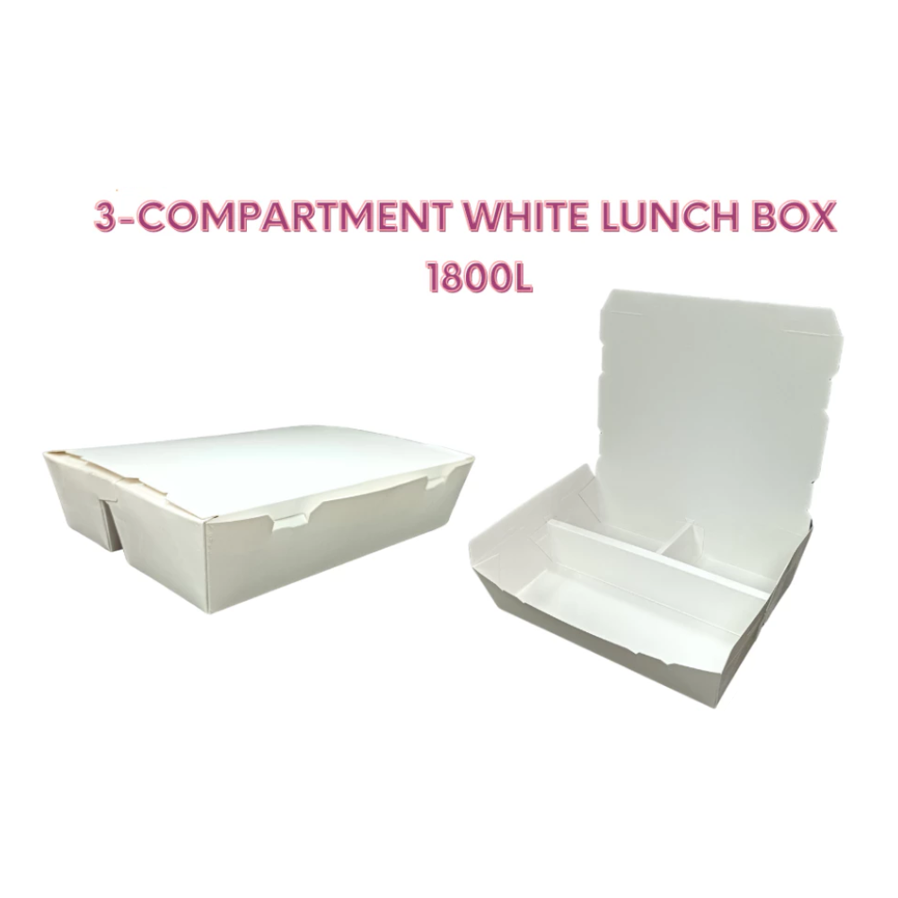 3 Compartment White Paper Lunch Box L1800W (40Pcs/Pack)