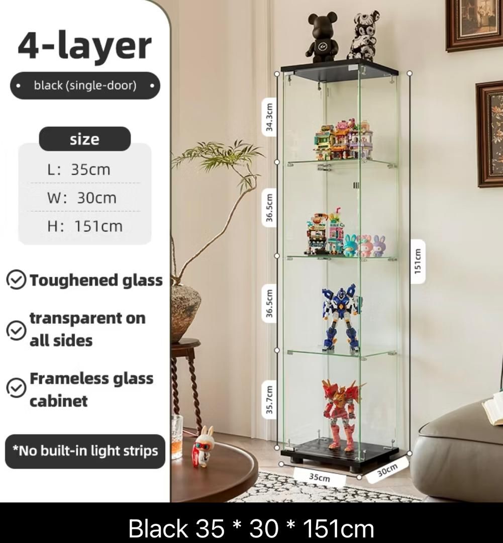 Single Door Slim Transparent Glass Display Cabinet - Black 35 x 30 x 151cm