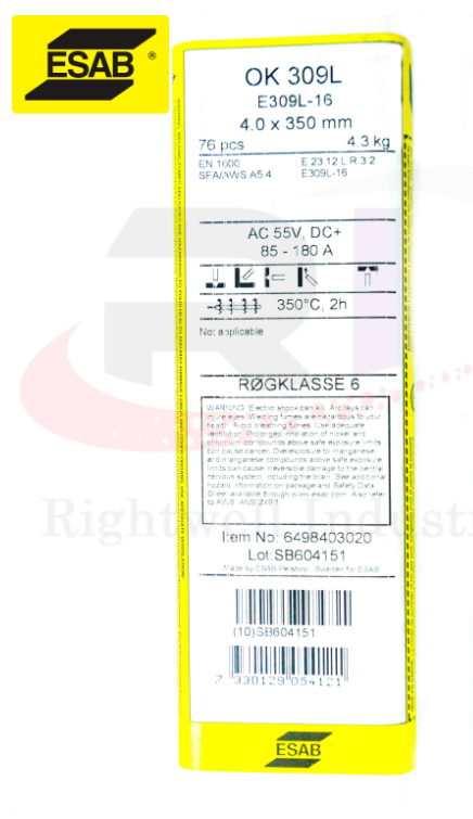 RIGHTWELL ESAB OK 309L SPECIAL STAINLESS STEEL WELDING ELECTRODE 4.0MM (4.3KG) (SWEDEN)