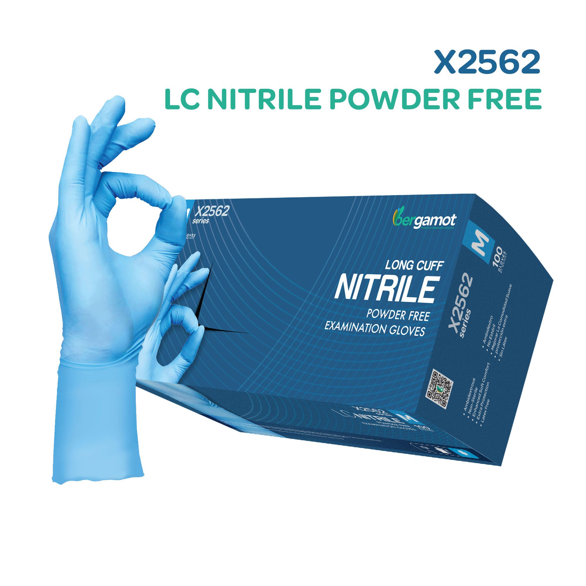 BERGAMOT X2562 Long Cuff Nitrile Powder Free Examination Glove 100PCS