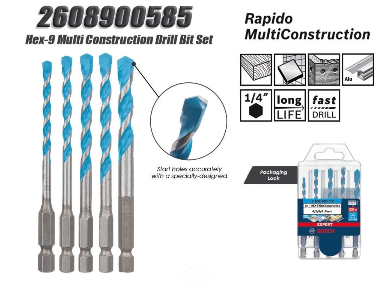 Bosch Hex-9 Multi Construction Drill Bit Compatible for cordless drills impact drives 1/4" toolholder 2608900585